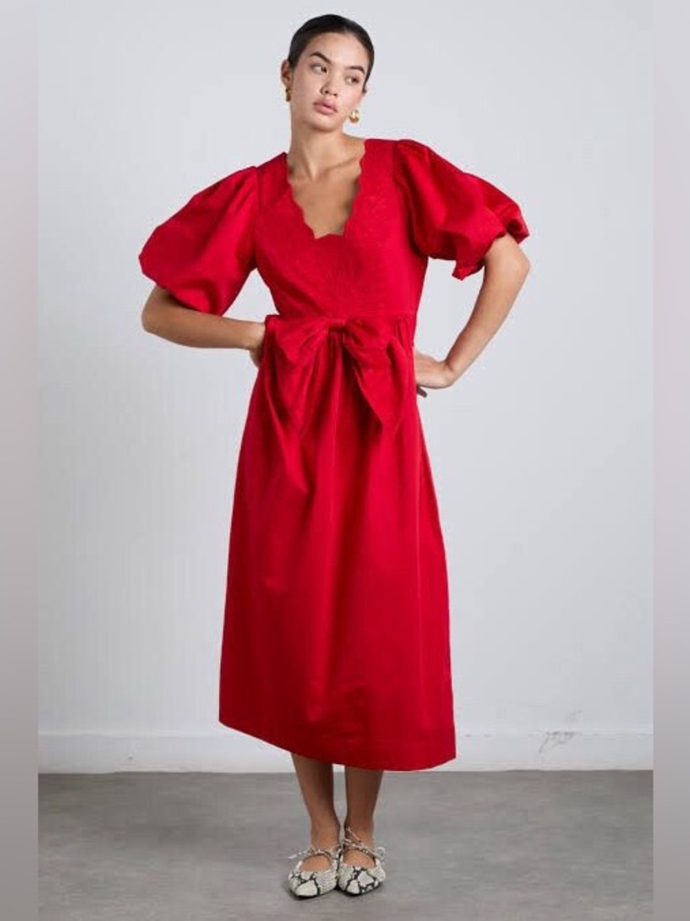 NWT Damson Madder Aria Bow Midi Dress in Red UK 18 / US 14